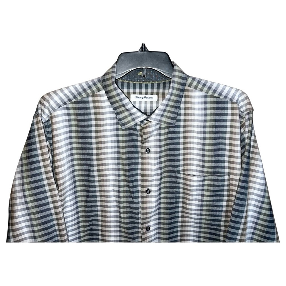 Tommy Bahama Shirt Men’s Size XLT Grey Green White Checks Button Front - Picture 2 of 6
